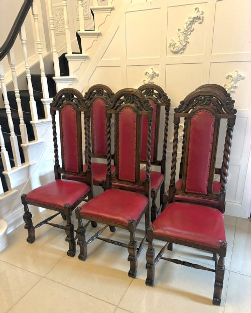Antique Victorian Set of Six Carved Oak Barley Twist Dining Chairs