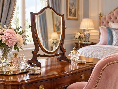 fig 2. An Edwardian mahogany toilet mirror featuring a shield-shaped frame with bevelled glass mounted on a swivelling stand with brass knobs.