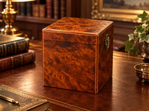 fig 2. An upright Victorian travelling tea caddy crafted from amboyna burl wood with line inlay and a brass front latch.