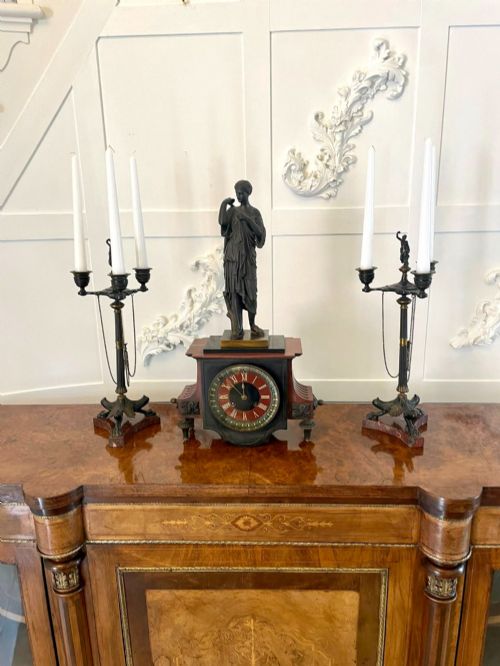 Outstanding Quality Antique Regency Bronze and Marble Clock Set