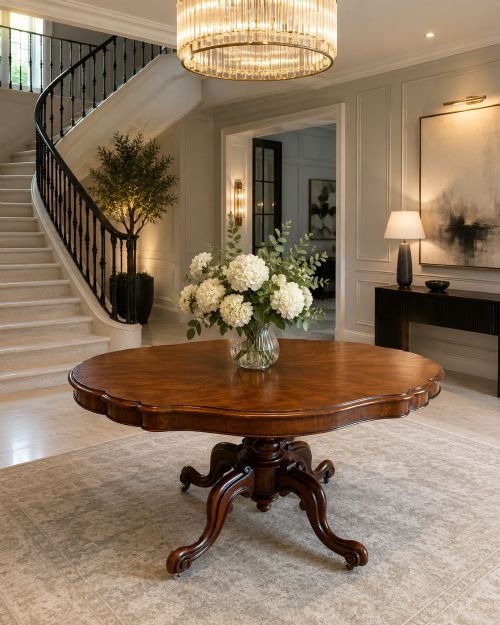 fig 1. A Victorian figured mahogany tilt-top centre table featuring a shaped serpentine top positioned vertically on a carved central pedestal with four splayed legs.