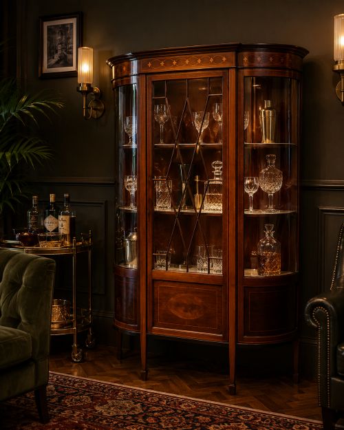 fig 1. An Edwardian mahogany display cabinet featuring bow-ended glass sides, a central astragal glazed door, and satinwood marquetry inlay.