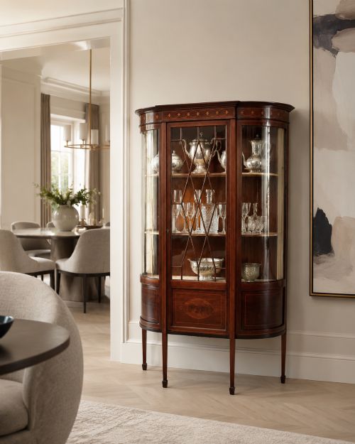fig 2. An Edwardian mahogany display cabinet featuring bow-ended glass sides, a central astragal glazed door, and satinwood marquetry inlay.
