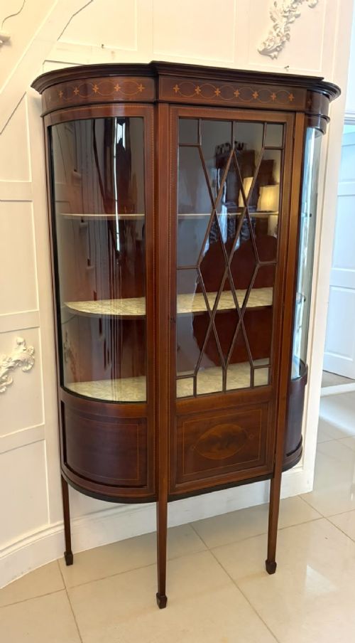 An Edwardian mahogany display cabinet featuring bow-ended glass sides, a central astragal glazed door, and satinwood marquetry inlay. View VIII