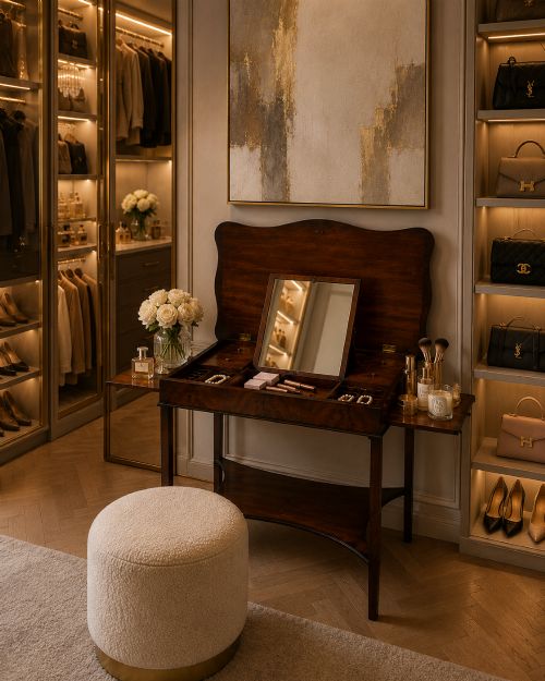 fig 1. An antique mahogany dressing table with an open hinged lid displaying an internal mirror, storage compartments, side slides, and a shaped lower shelf.