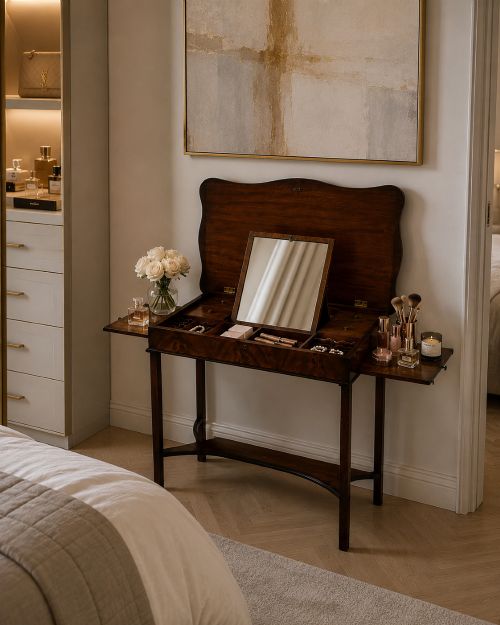 fig 2. An antique mahogany dressing table with an open hinged lid displaying an internal mirror, storage compartments, side slides, and a shaped lower shelf.