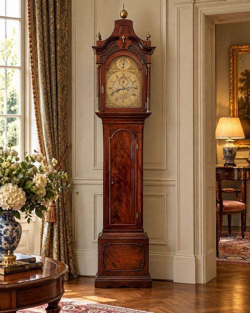 fig 2. An antique Georgian longcase grandfather clock crafted from flame mahogany wood with an arched brass dial and brass finials.
