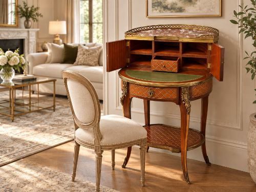 fig 1. A French kingwood parquetry bonheur du jour writing desk featuring a green leather inset, marble top gallery, and gilt-bronze mounts on slender cabriole legs.