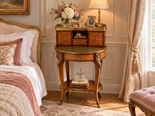 fig 2. A French kingwood parquetry bonheur du jour writing desk featuring a green leather inset, marble top gallery, and gilt-bronze mounts on slender cabriole legs.