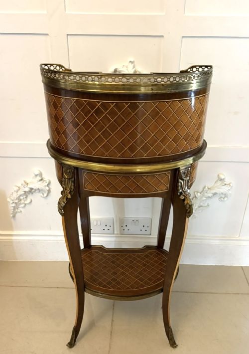 A French kingwood parquetry bonheur du jour writing desk featuring a green leather inset, marble top gallery, and gilt-bronze mounts on slender cabriole legs. View XI