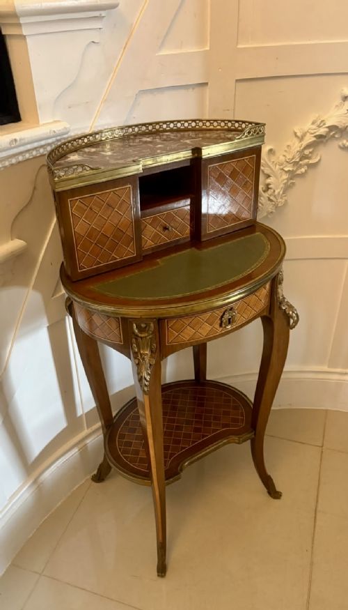 Antique French Kingwood Parquetry Freestanding Ormolu Lady’s Writing Desk Bonheur Du Jour