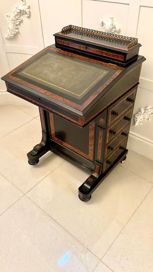 Antique Victorian Quality Ebonised and Walnut Crossbanded Davenport