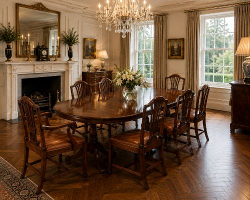 fig 1. A set of eight Victorian mahogany Hepplewhite style dining chairs with carved shield backs and tan leather seats.