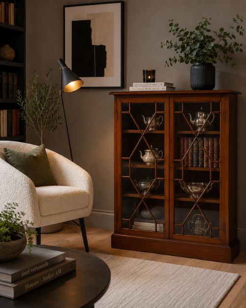 fig 1. A Victorian mahogany glazed display cabinet featuring two double doors with geometric astragal glazing bars resting on a solid plinth base.