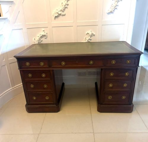 Antique Victorian Mahogany Freestanding Pedestal Kneehole Desk with Fitted Stationery Drawers & Writing Slides