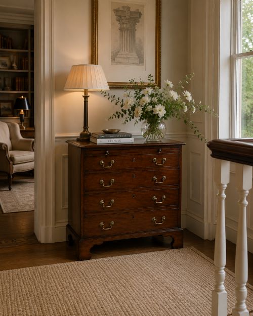 fig 1. A small Georgian mahogany chest of drawers featuring four graduated drawers with brass swan-neck handles, a pull-out brushing slide, and bracket feet.
