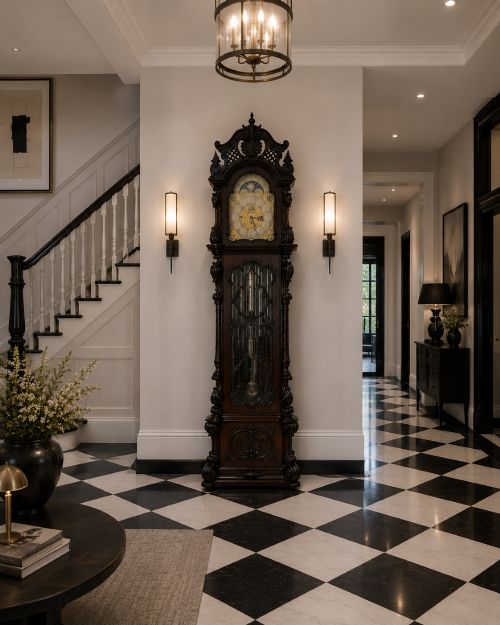 fig 1. A tall carved dark mahogany longcase clock featuring an ornate pediment, brass dial with moon phase indicator, and a glazed door displaying nine tubular chimes.