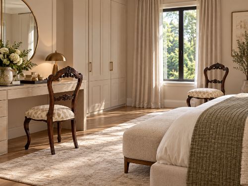 fig 1. A set of four Victorian carved walnut dining chairs with open balloon-style backs and cream pattern-upholstered seats.