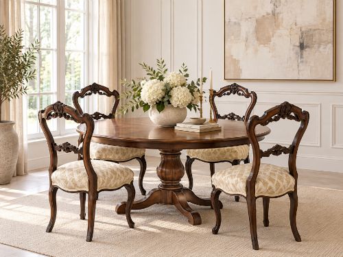fig 2. A set of four Victorian carved walnut dining chairs with open balloon-style backs and cream pattern-upholstered seats.