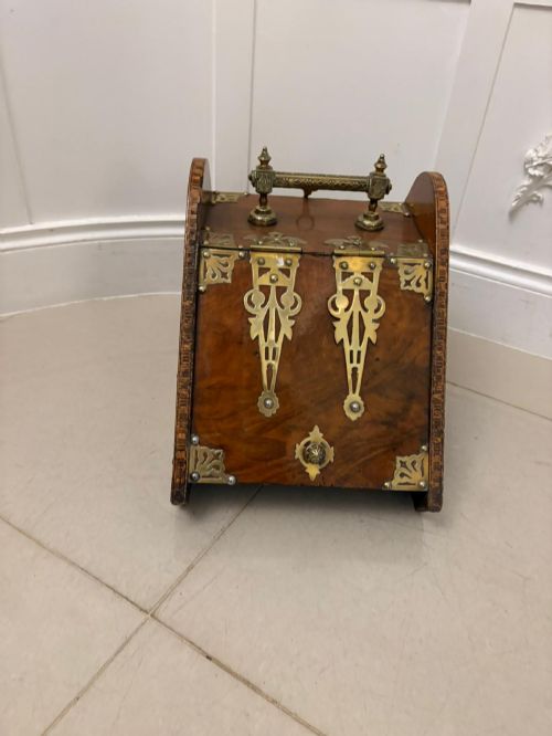 Antique Victorian Quality Brass-mounted Walnut Coal / Log Scuttle