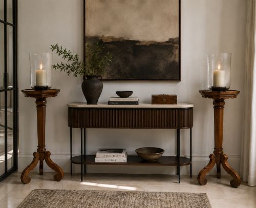 fig 2. A pair of tall antique Dutch walnut and kingwood pedestal torcheres with molded hexagonal tops and scroll tripod feet.