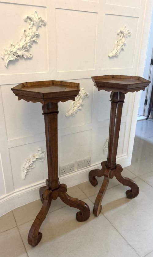 A pair of tall antique Dutch walnut and kingwood pedestal torcheres with molded hexagonal tops and scroll tripod feet. View XI