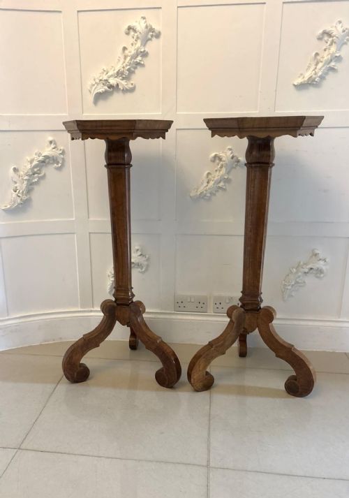 A pair of tall antique Dutch walnut and kingwood pedestal torcheres with molded hexagonal tops and scroll tripod feet. View XIII