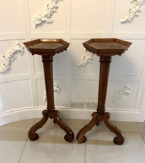 A pair of tall antique Dutch walnut and kingwood pedestal torcheres with molded hexagonal tops and scroll tripod feet.