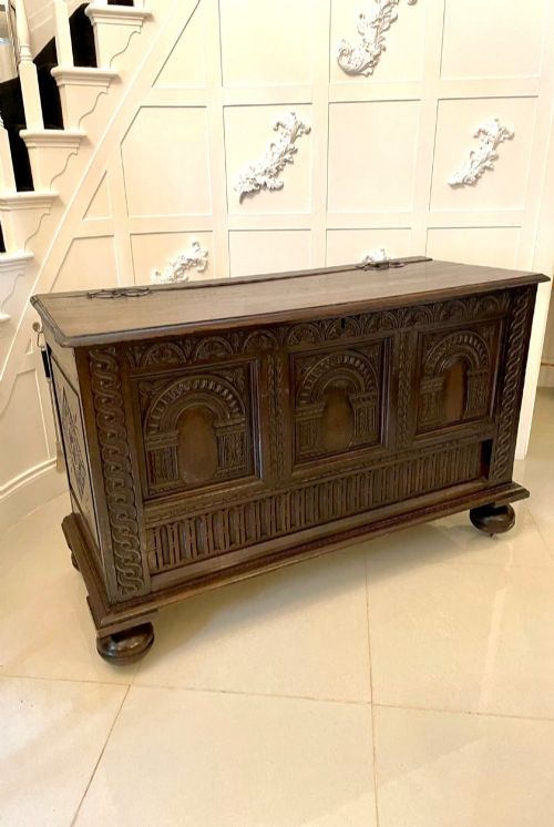 Large 17th Century Antique Quality Carved Oak Coffer