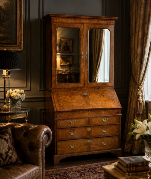 fig 1. An 18th-century George I figured walnut bureau bookcase featuring two mirrored upper cabinet doors, a slant-front writing desk, and three lower drawers on bracket feet.