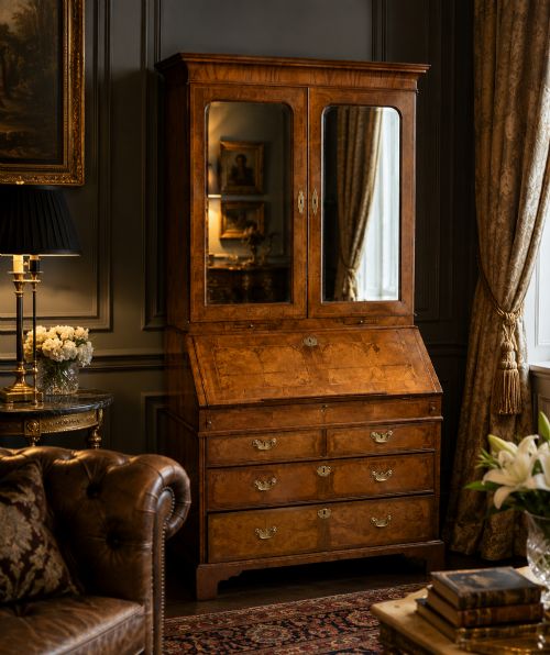 fig 3. An 18th-century George I figured walnut bureau bookcase featuring two mirrored upper cabinet doors, a slant-front writing desk, and three lower drawers on bracket feet.