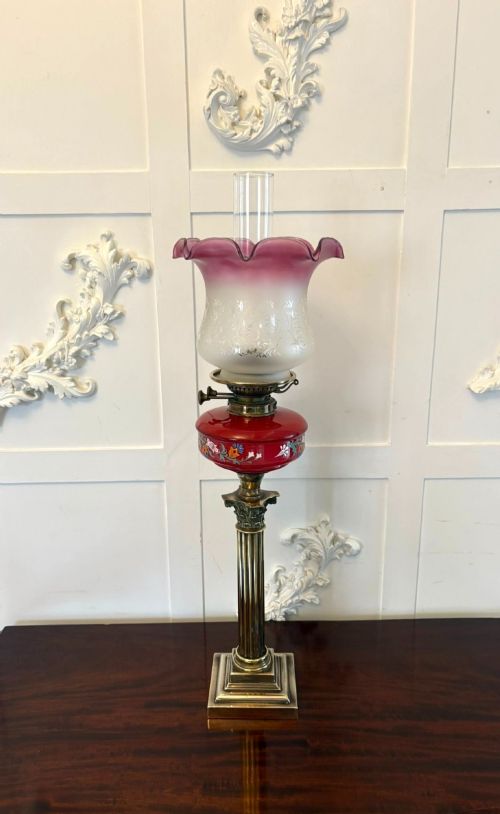 Antique Victorian Brass Oil Lamp with Cranberry Glass Font and Corinthian Column
