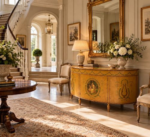 fig 1. A semicircular satinwood demi-lune cabinet featuring hand-painted neoclassical leaf swags, a central figural medallion, and short tapered feet.