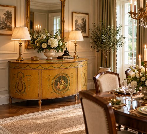fig 2. A semicircular satinwood demi-lune cabinet featuring hand-painted neoclassical leaf swags, a central figural medallion, and short tapered feet.