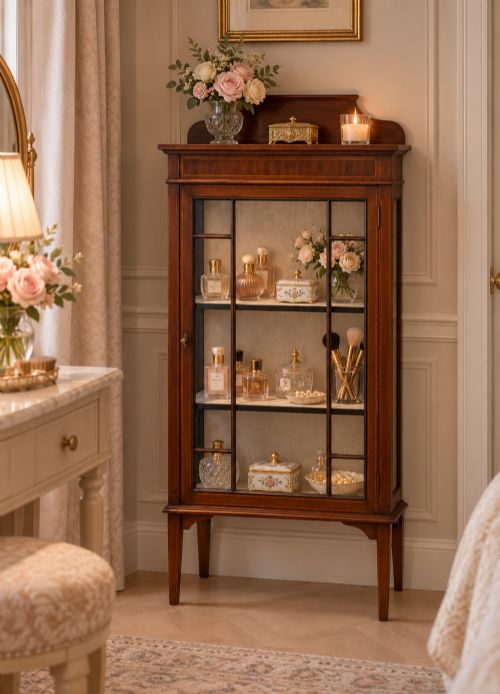 fig 1. An Edwardian mahogany glazed display cabinet featuring geometric glazing bars, tapered legs, a raised pediment top, and a light-lined interior with three shelves.