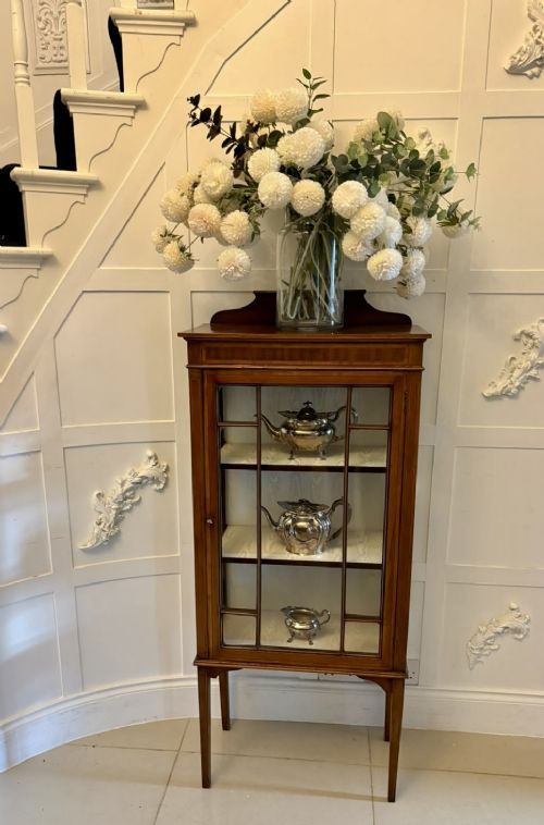 An Edwardian mahogany glazed display cabinet featuring geometric glazing bars, tapered legs, a raised pediment top, and a light-lined interior with three shelves. View IV