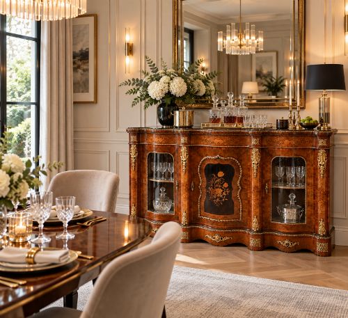 fig 1. A Victorian serpentine burr walnut credenza featuring detailed floral marquetry inlays, gilt-bronze mounts, a central panelled door, and two curved glazed side doors.