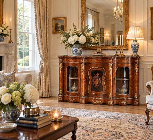 fig 2. A Victorian serpentine burr walnut credenza featuring detailed floral marquetry inlays, gilt-bronze mounts, a central panelled door, and two curved glazed side doors.