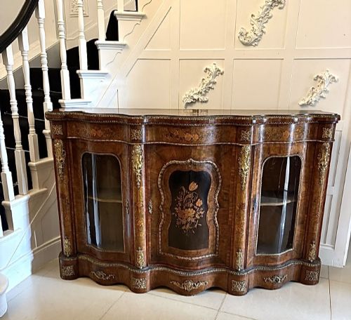 Antique Victorian Exhibition Quality Burr Walnut Marquetry Serpentine Credenza Cabinet Sideboard