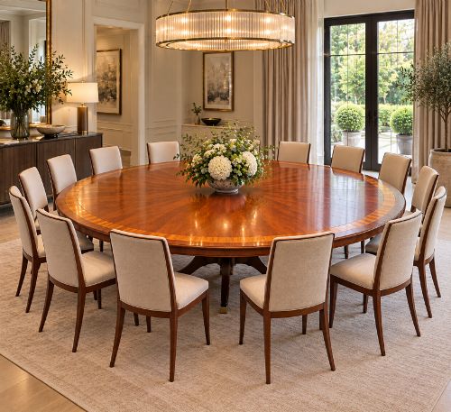 fig 1. A large circular mahogany dining table featuring a yew wood crossbanded border and a central pedestal base.
