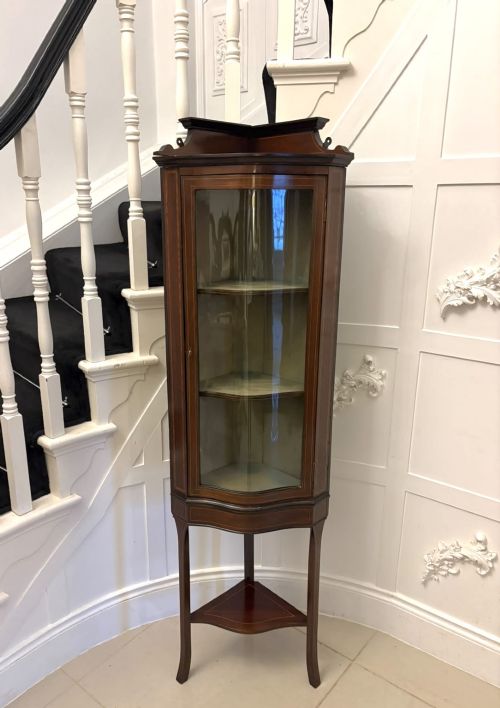 Antique Edwardian Mahogany Inlaid Serpentine Corner Display Cabinet