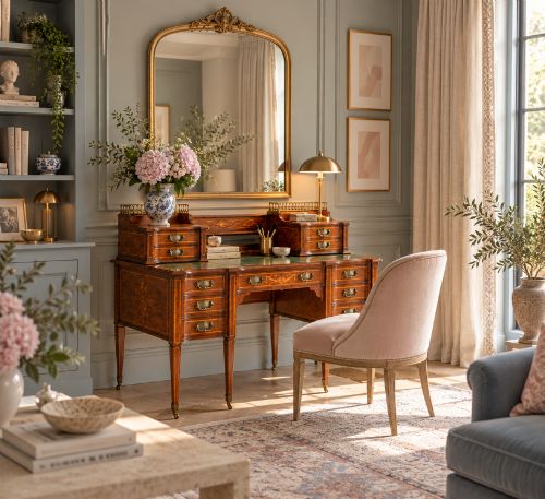 fig 1. A late Victorian inlaid writing desk with a dark rosewood veneer, green leather top insert, brass gallery rail, and multiple drawers on tapered legs.