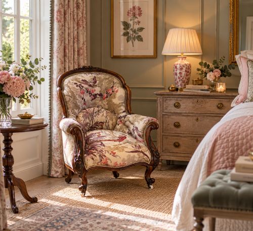 fig 2. An antique Victorian carved rosewood armchair featuring floral and bird pattern upholstery with cabriole legs on castors.