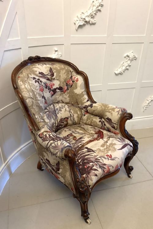 Antique Victorian Carved Rosewood Armchair with Decorative Bird and Floral Upholstery