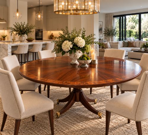 fig 1. A circular mahogany dining table with a crossbanded edge tilted vertically on a central pedestal base with splayed legs and brass castors.