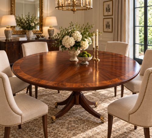 fig 2. A circular mahogany dining table with a crossbanded edge tilted vertically on a central pedestal base with splayed legs and brass castors.