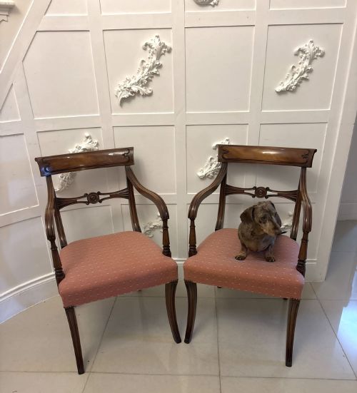 fig 6. An antique mahogany carver dining chair with sweeping armrests, a carved central roundel crest bar, and a pink patterned upholstered seat.