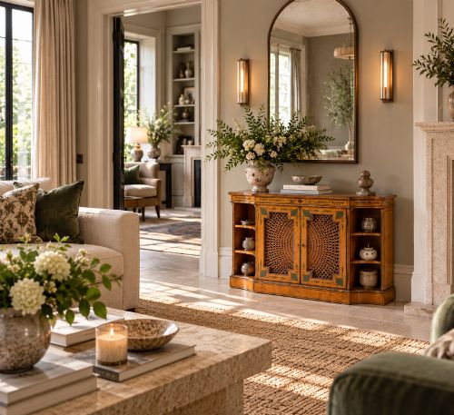 fig 1. A Sheraton Revival satinwood side cabinet featuring painted leaf borders, central doors with fan-shaped woven cane panels, and open curved side shelves.