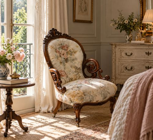 fig 2. A Victorian walnut armchair featuring floral button-tufted upholstery, carved open scroll arms, and front legs set on brass castors.