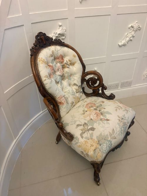 Antique Victorian Carved Walnut Upholstered Armchair
